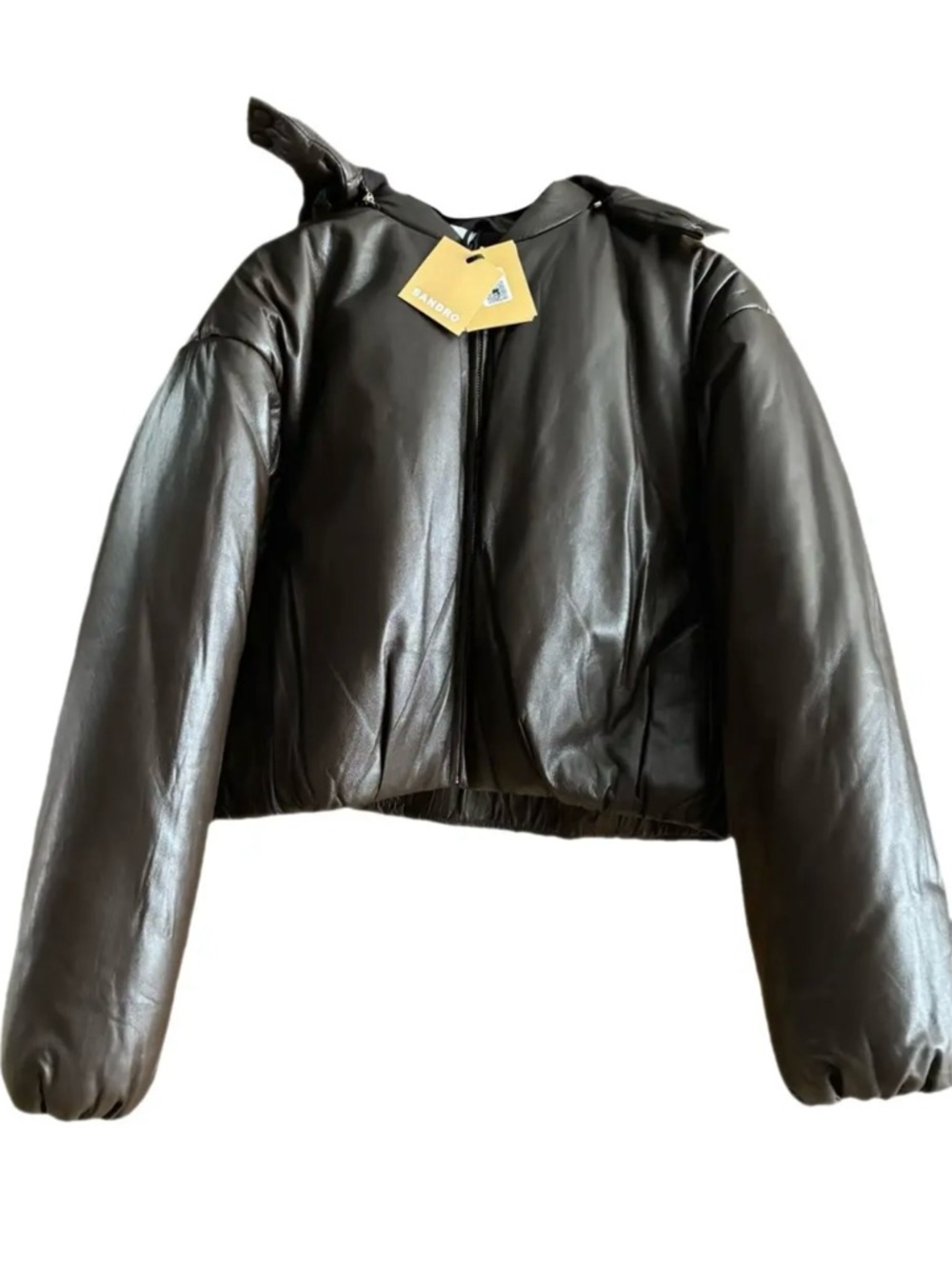 Sandro Brown Leather Cropped Puffer Jacket